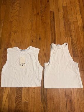 Zara White Cropped Tank Tops Duo